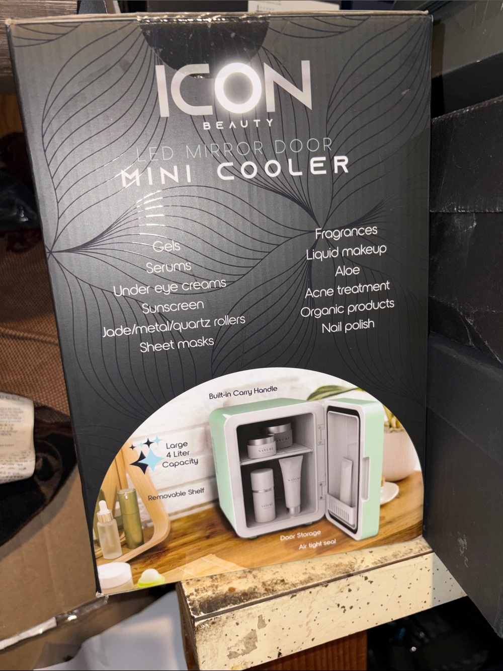 ICON Beauty LED Mirror Door Mini Cooler - White with Mint Green Accents